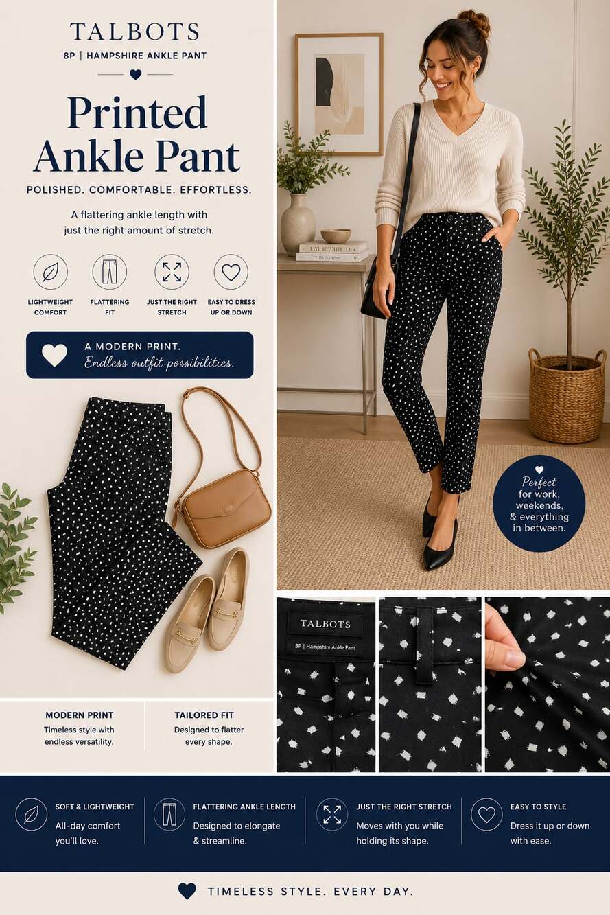 Talbots Hampshire Ankle Pant in Black and White Brushstroke Print Petite 8P